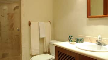 Un baño con inodoro, lavabo y ducha.