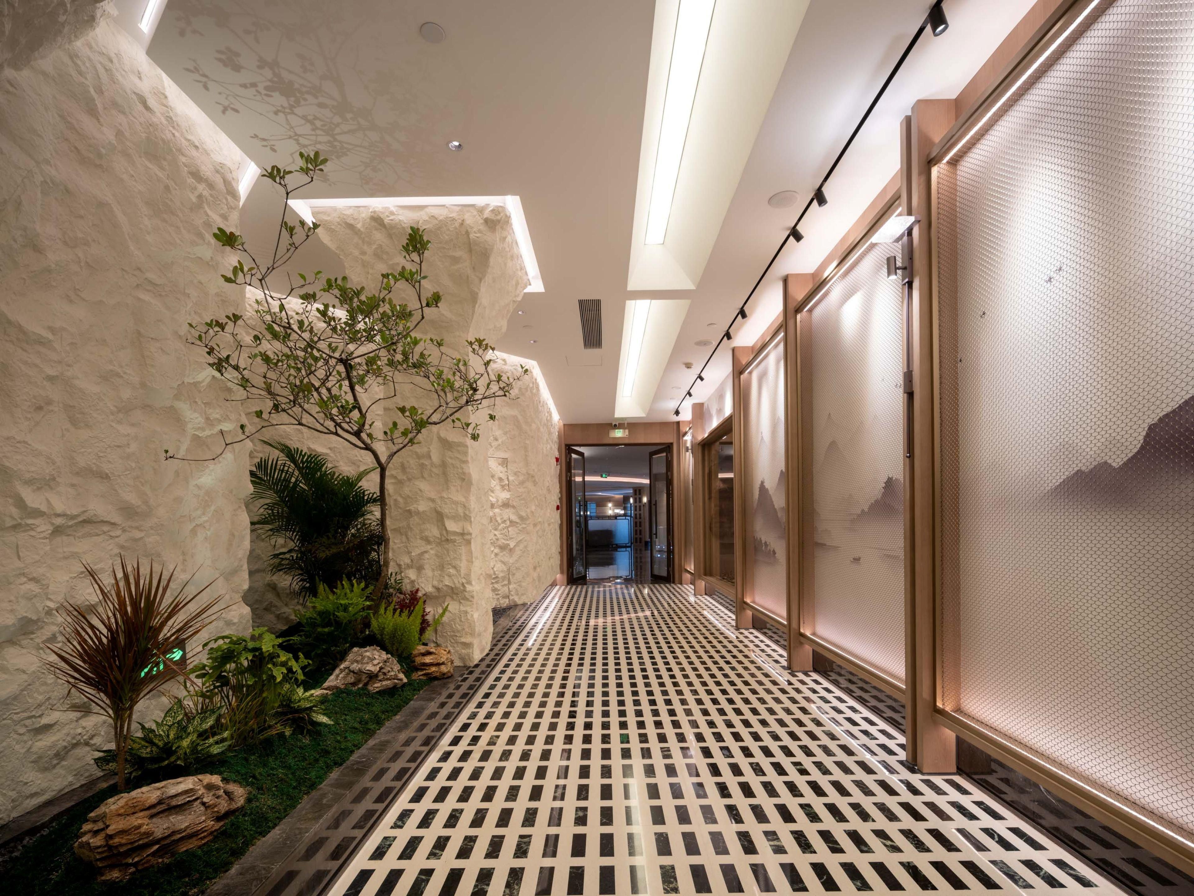 A hallway with a patterned floor, a plant, and a view into another room.