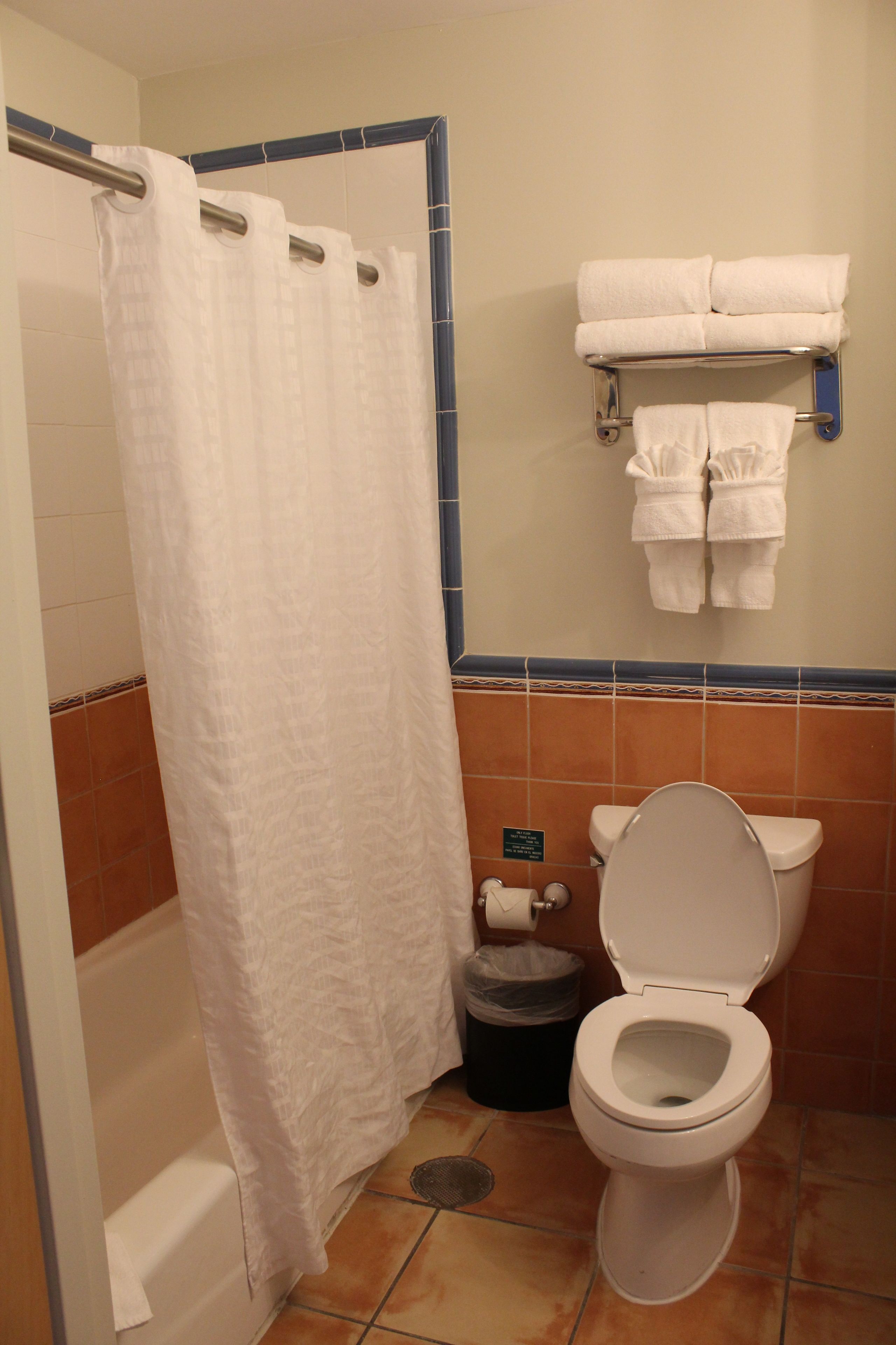 A bathroom with a shower curtain, a toilet, a trash bin, and a towel rack with towels.
