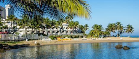 Un hotel frente a la playa con piscina, palmeras y sillas de playa.