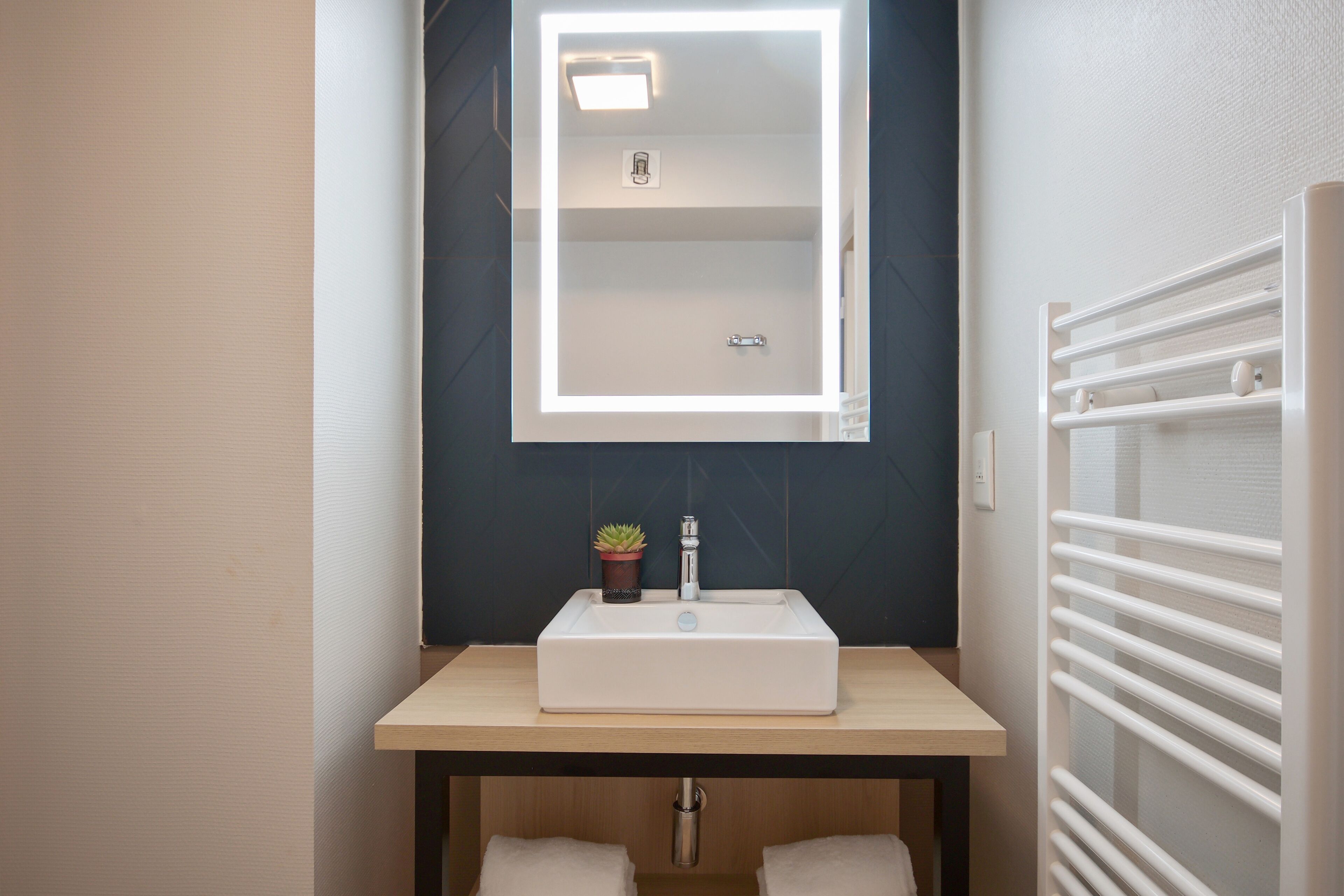 Een moderne badkamer met een rechthoekig wastafel, een kleine plant in een pot en een handdoekhouder.