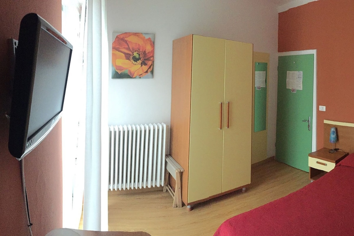 A room with a bed, a wardrobe, a radiator, and a TV.