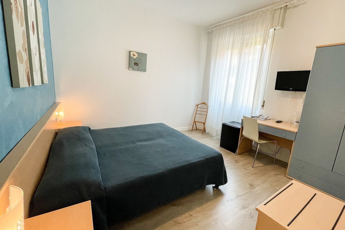 A hotel room with a bed, a desk, a chair, a TV, and a small cabinet.