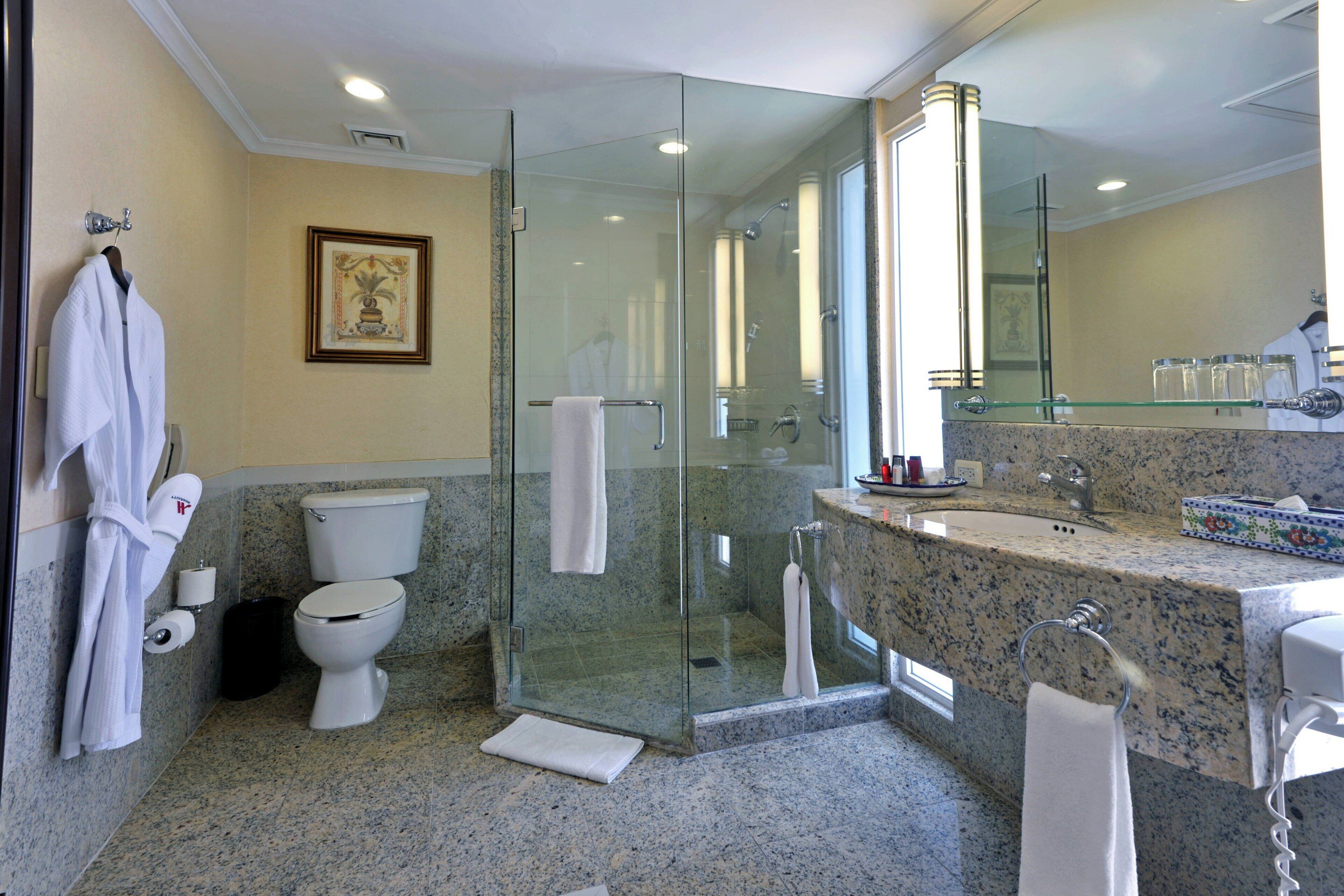 A modern bathroom with a glass-enclosed shower, a marble sink, and a toilet.