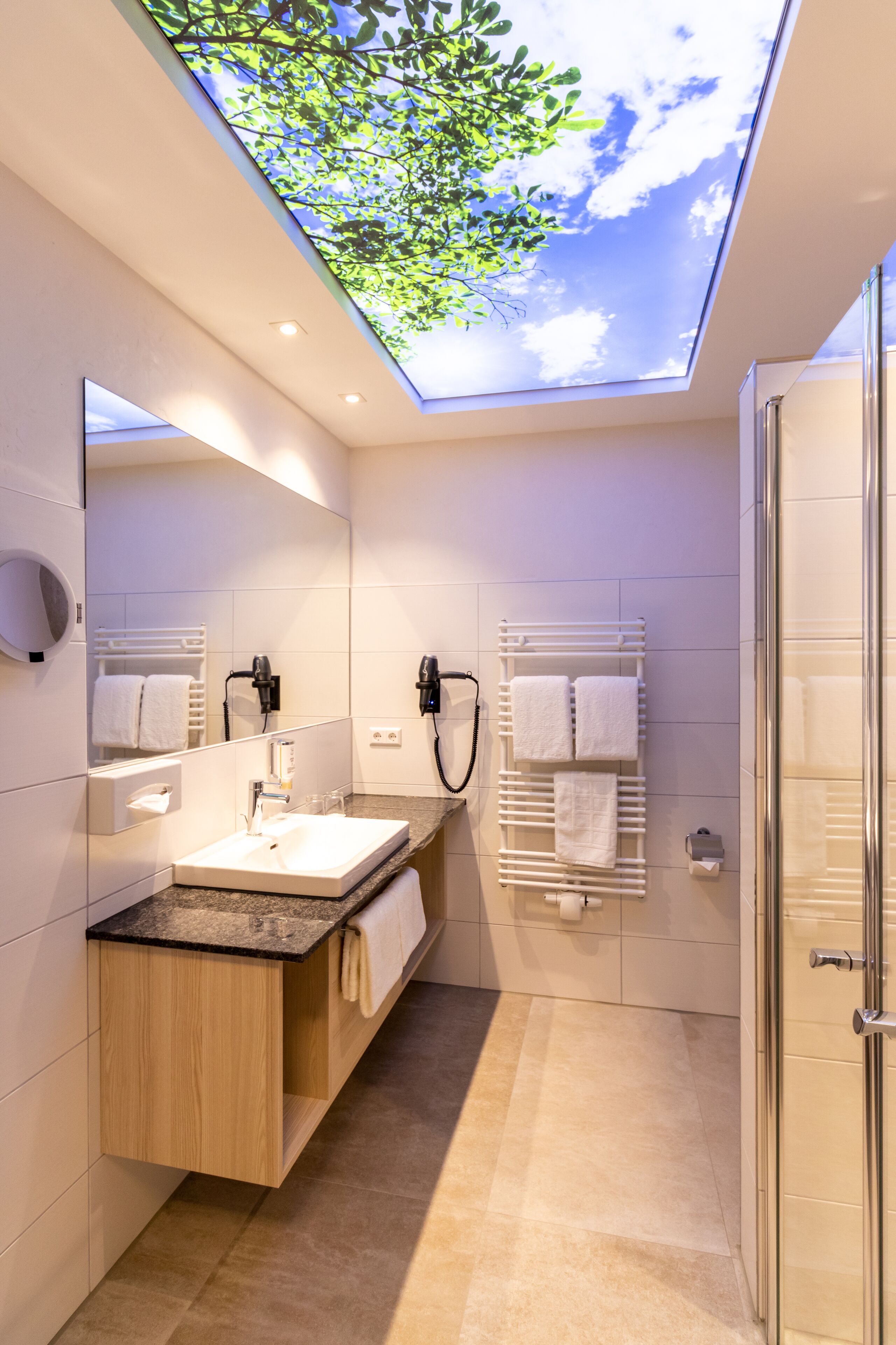 hair dryer, heated floors, towels