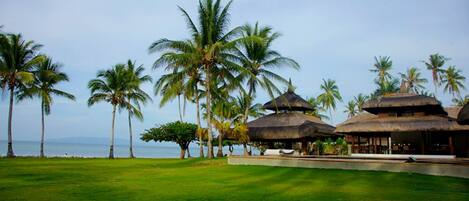 Un resort con edificaciones de techo de paja, palmeras y un área verde frente al mar.