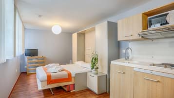 Estudio, bañera | Escritorio, tabla de planchar con plancha, wifi gratis y ropa de cama