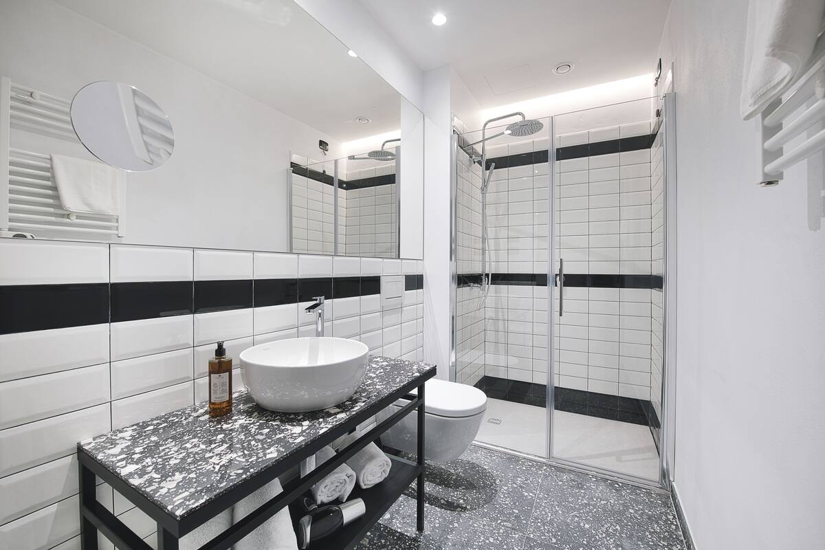 shower, free toiletries, hair dryer, heated floors