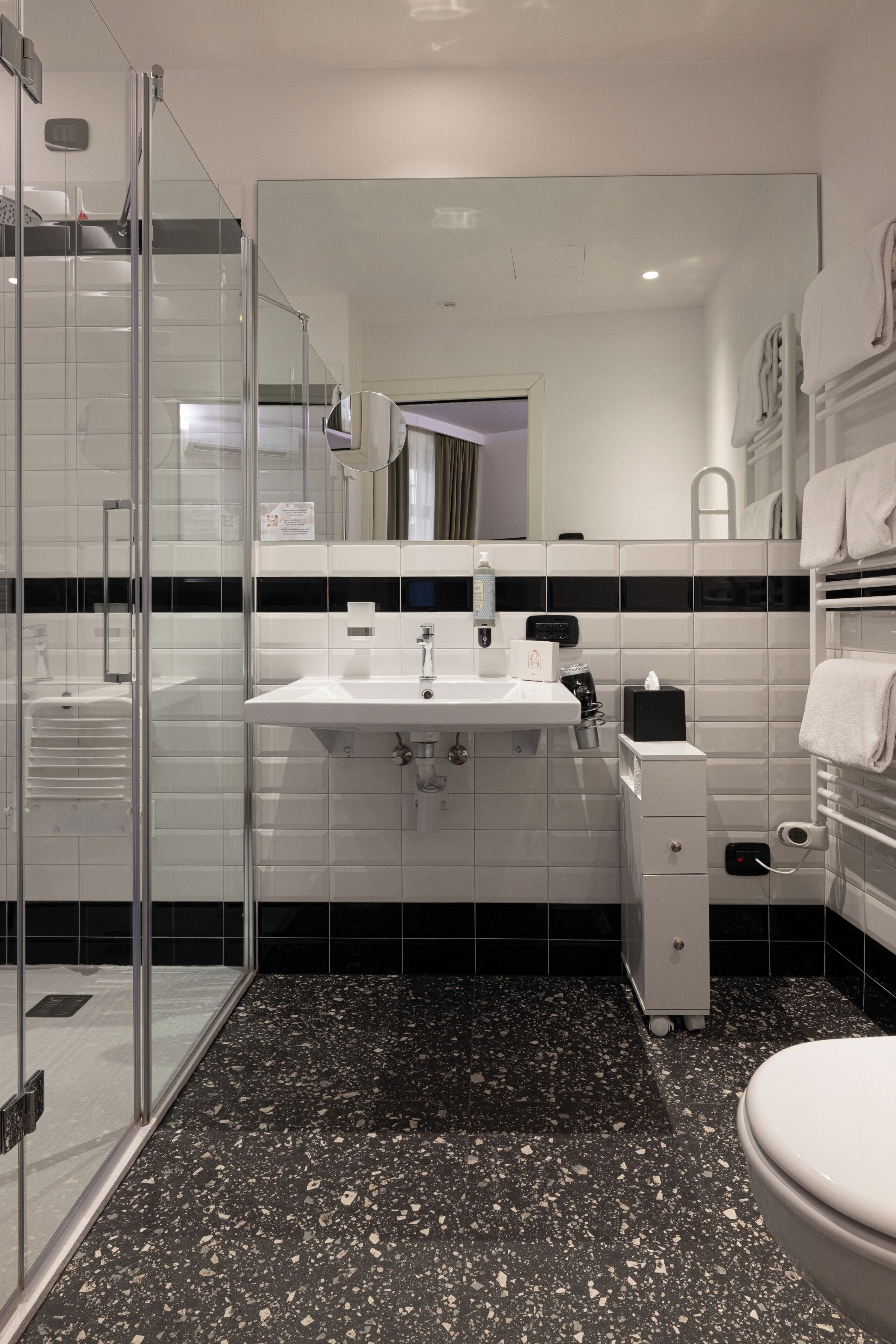 A modern bathroom with a glass shower enclosure, a white sink with a mirror, and a toilet.