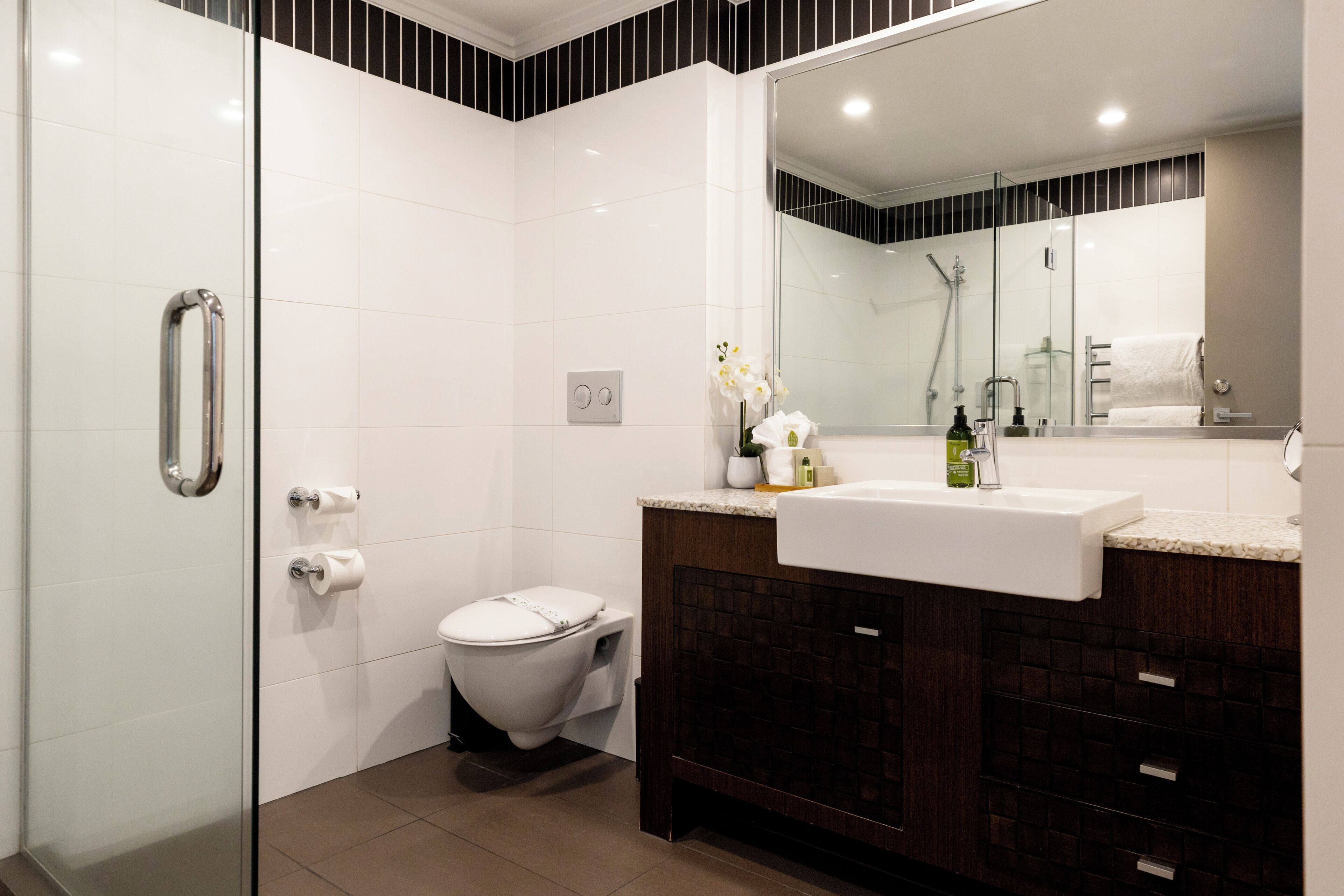 A modern bathroom with a glass shower enclosure, a white toilet, and a dark wood vanity with a white sink.