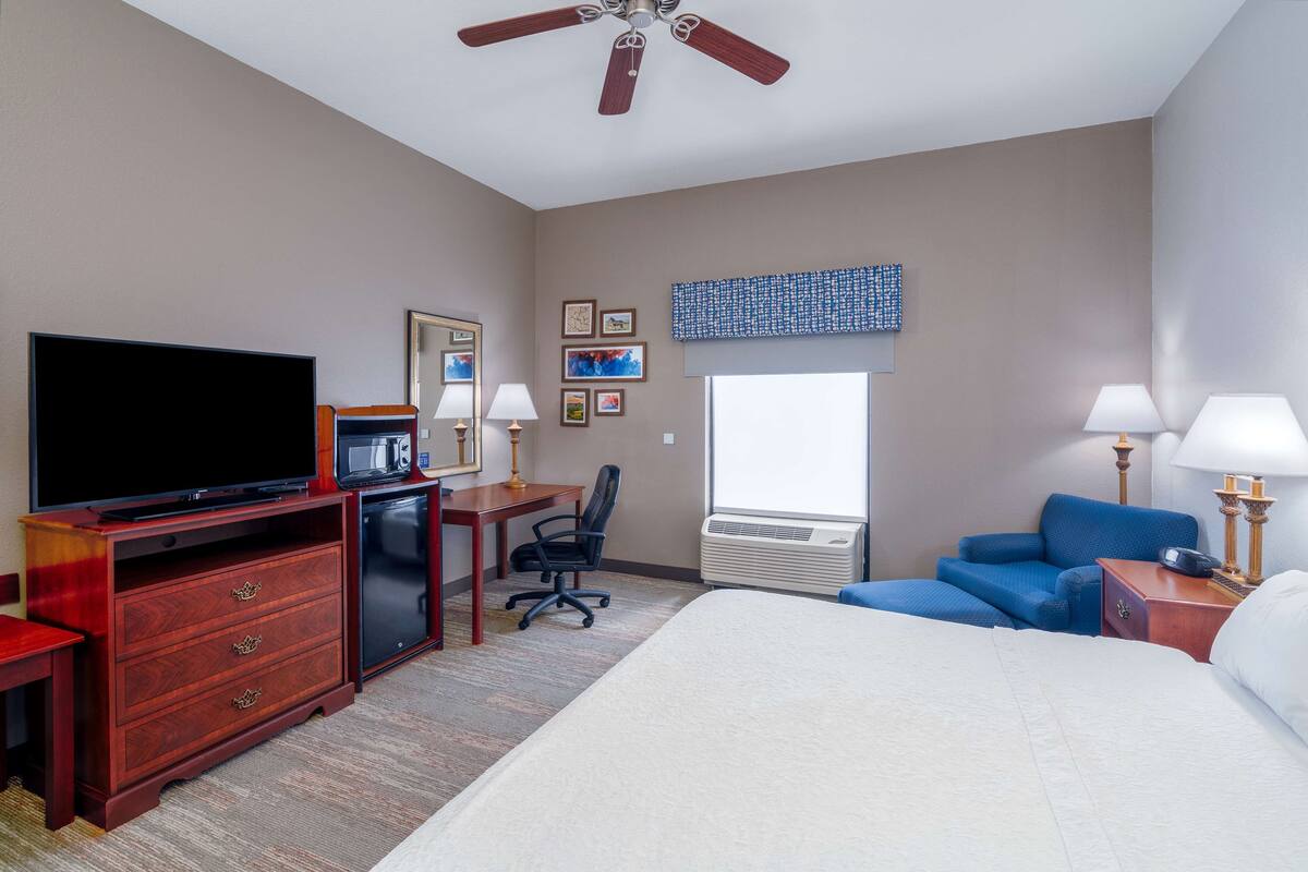 A hotel room with a large bed, a desk with a flat-screen TV, a microwave, a chair, a desk lamp, a nightstand, and a ceiling fan.