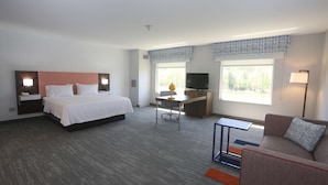 A hotel room with a bed, desk, TV, and seating area. - Hampton Inn Owego (Owego)