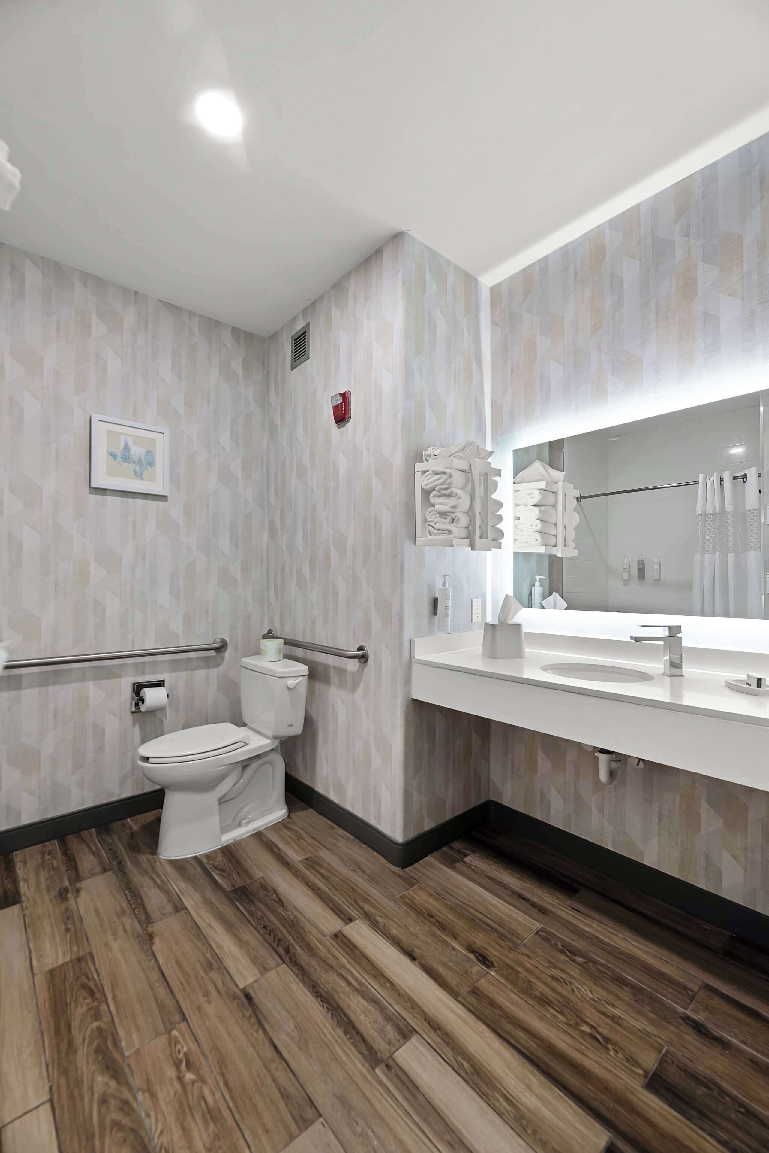 Un baño moderno con inodoro, barras de apoyo, lavabo y espejo.
