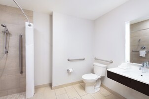 Combined shower/tub, free toiletries, hair dryer, towels