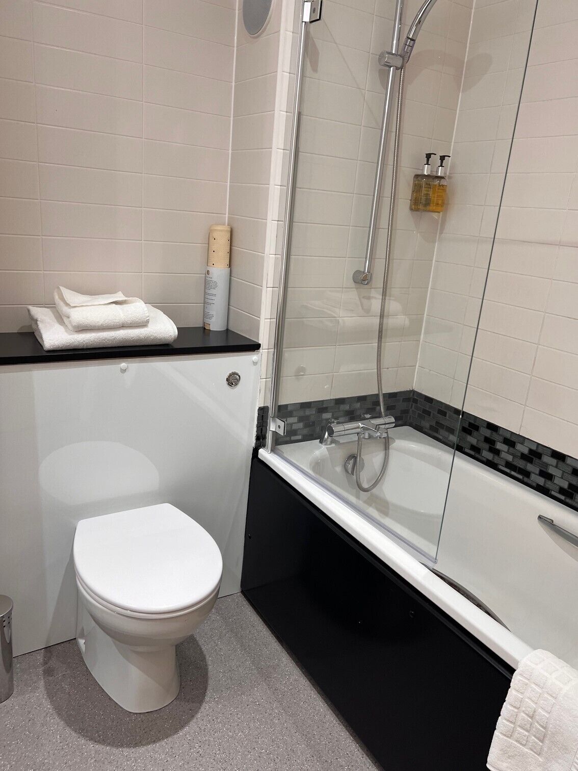 A modern bathroom with a toilet, a glass-enclosed shower, and a bathtub.