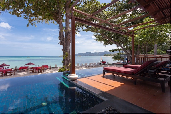 An infinity pool with a view of the ocean, lounge chairs, and umbrellas.