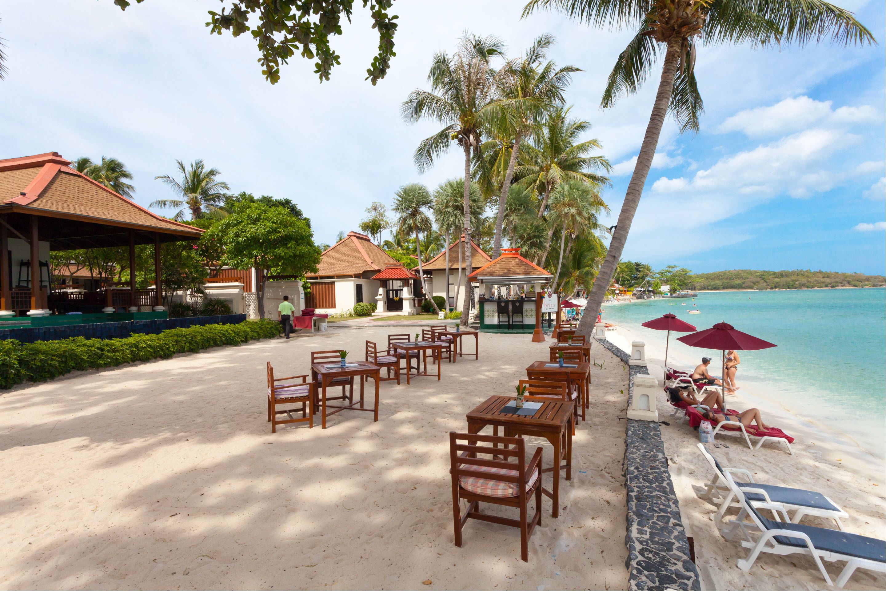 A beachside resort with wooden tables and chairs, palm trees, and a view of the ocean.