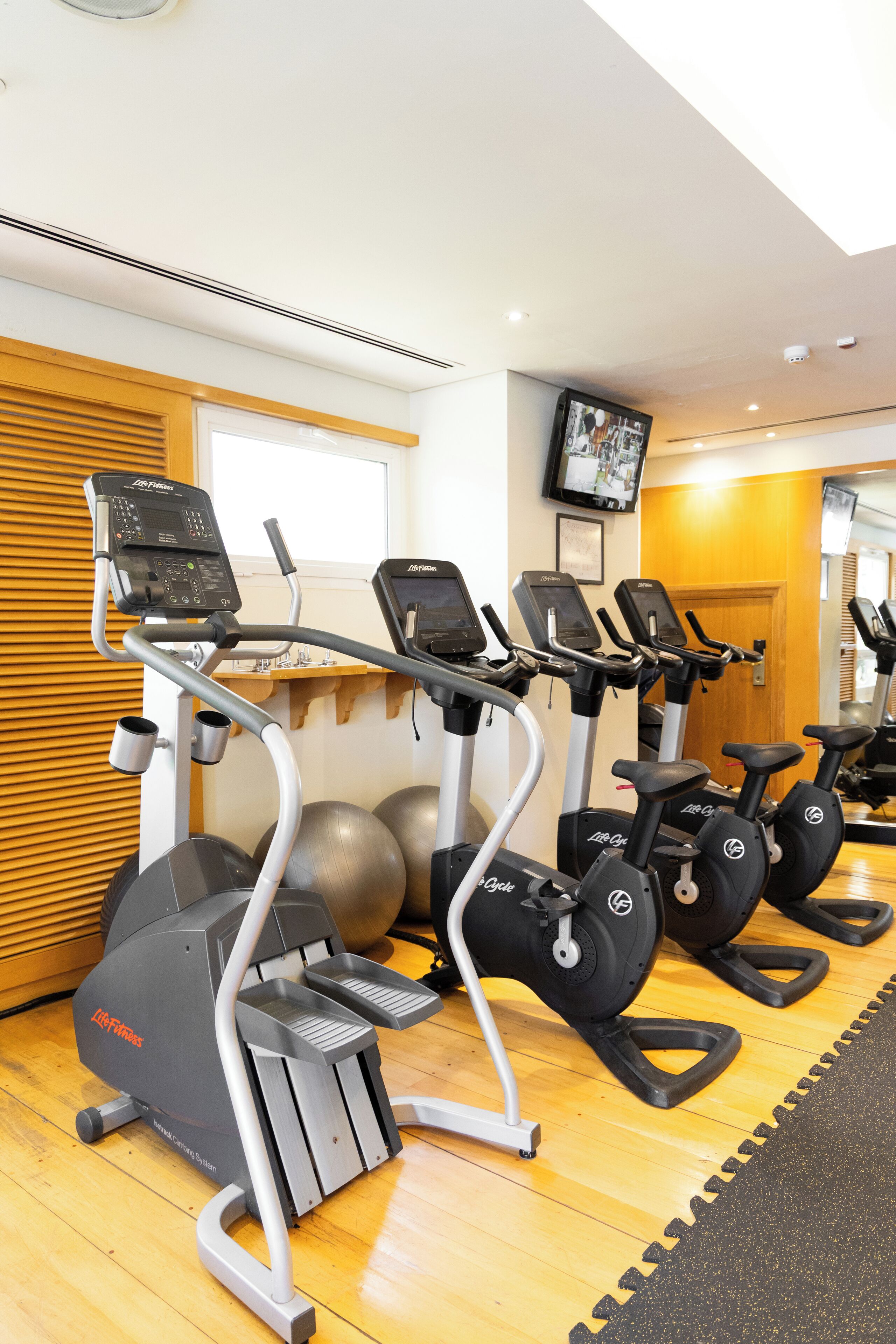 A gym with exercise bikes, a rowing machine, and exercise balls.