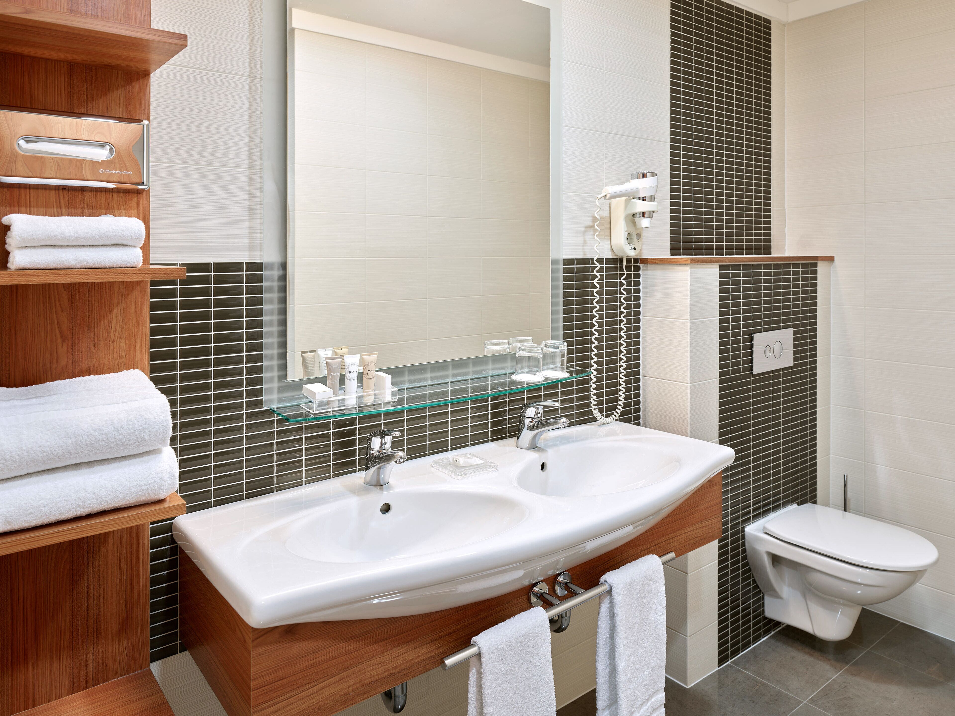 free toiletries, hair dryer, slippers, towels