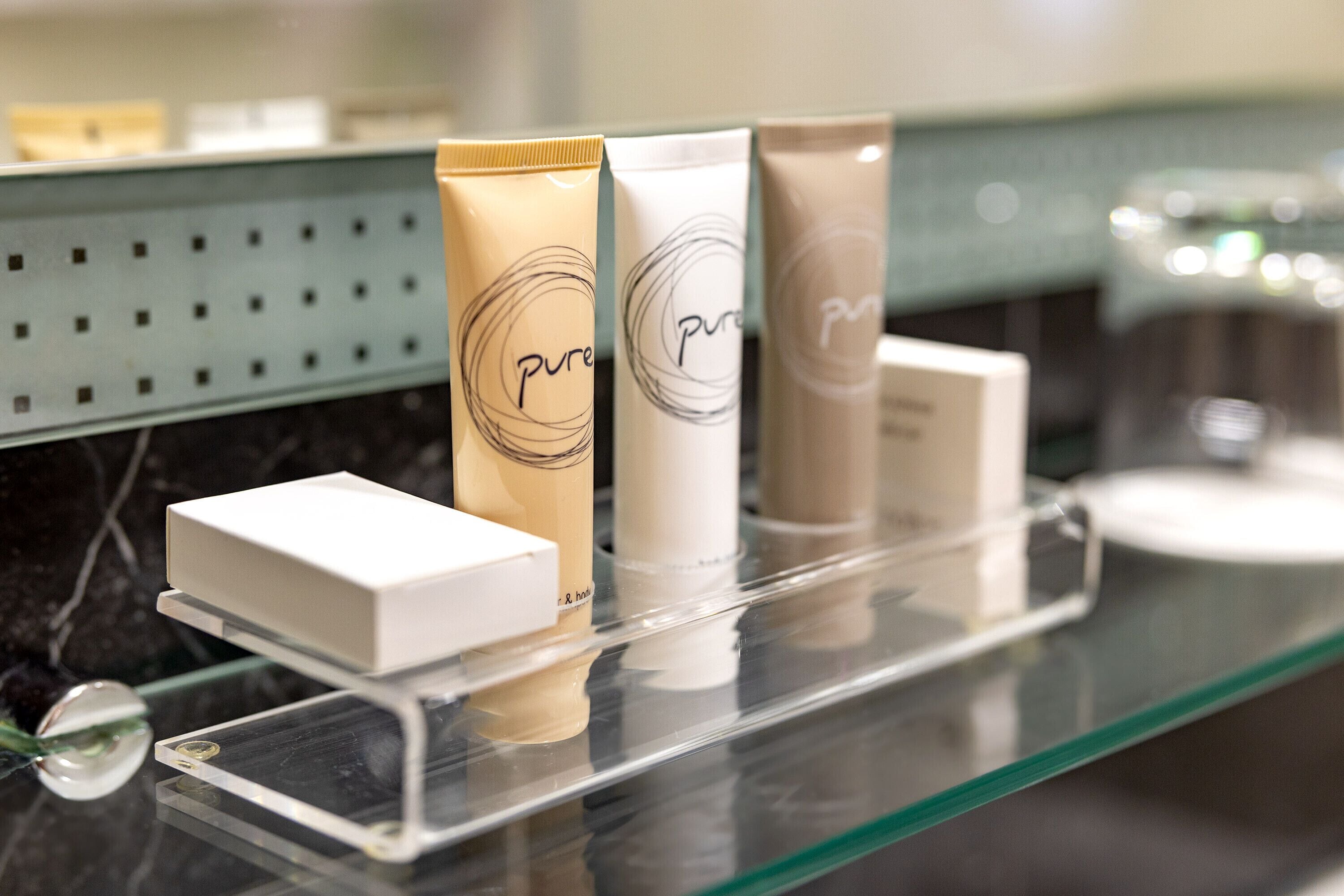 free toiletries, hair dryer, slippers, towels