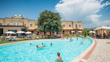 Outdoor pool, pool umbrellas, pool loungers
