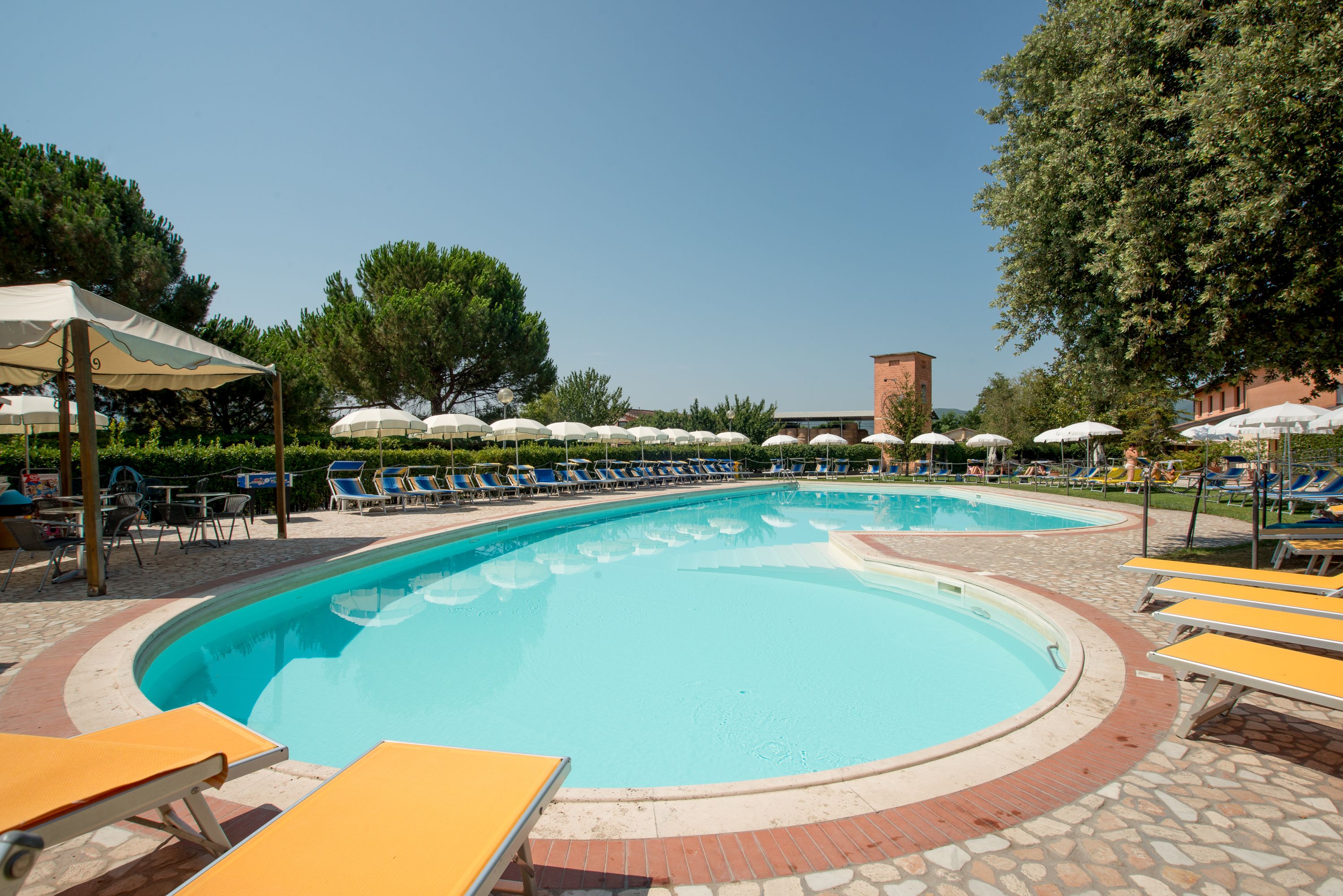 Area piscina con lettini e ombrelloni, circondata da alberi e un edificio sullo sfondo.
