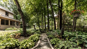 A garden pathway with various plants and trees, leading to a building with large windows. - Vrooman Mansion B&B (Bloomington)