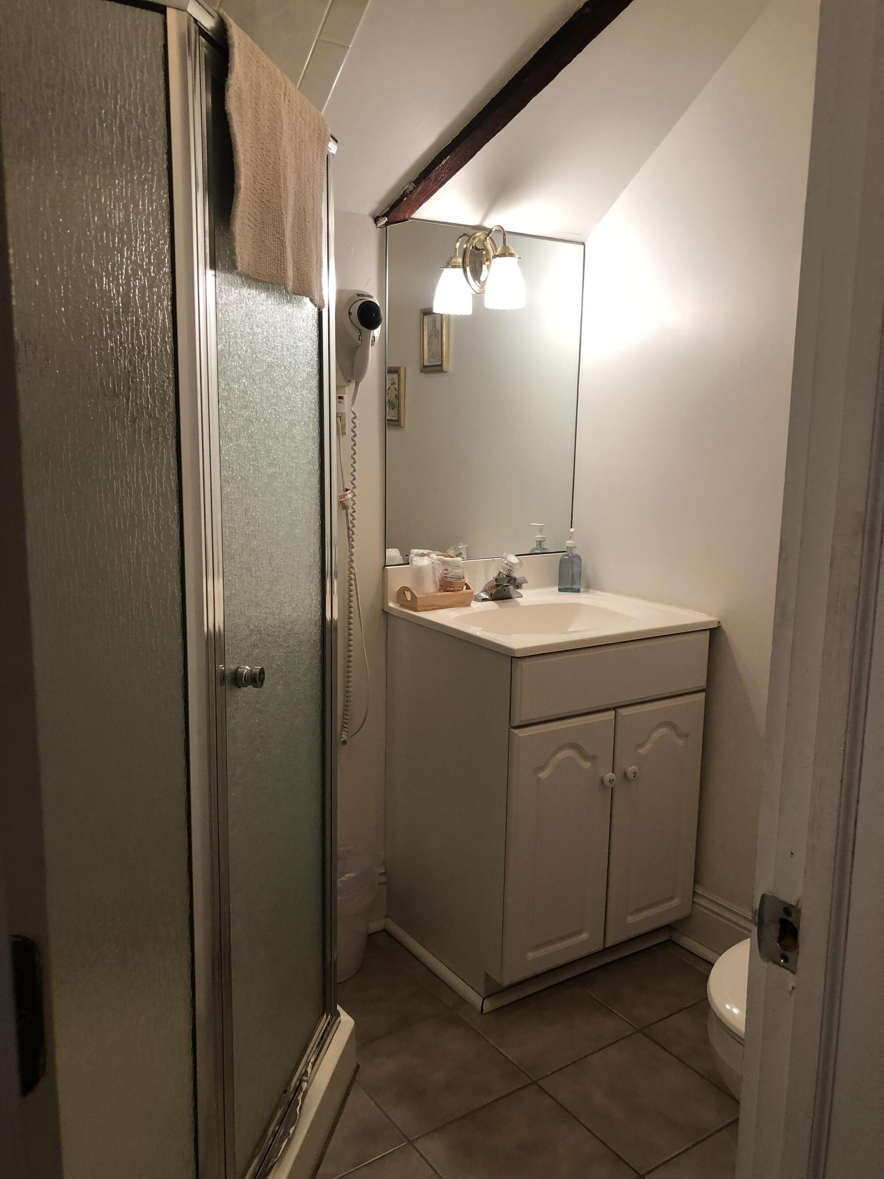 Un baño con mampara de vidrio, lavamanos blanco, espejo y retrete.