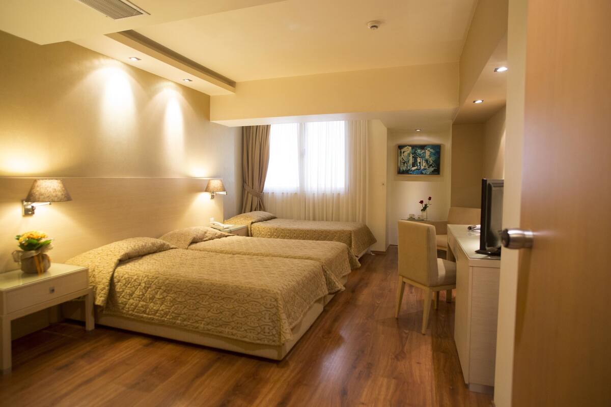 Een hotelkamer met twee bedden, een bureau, een stoel, een televisie en een schilderij aan de muur.