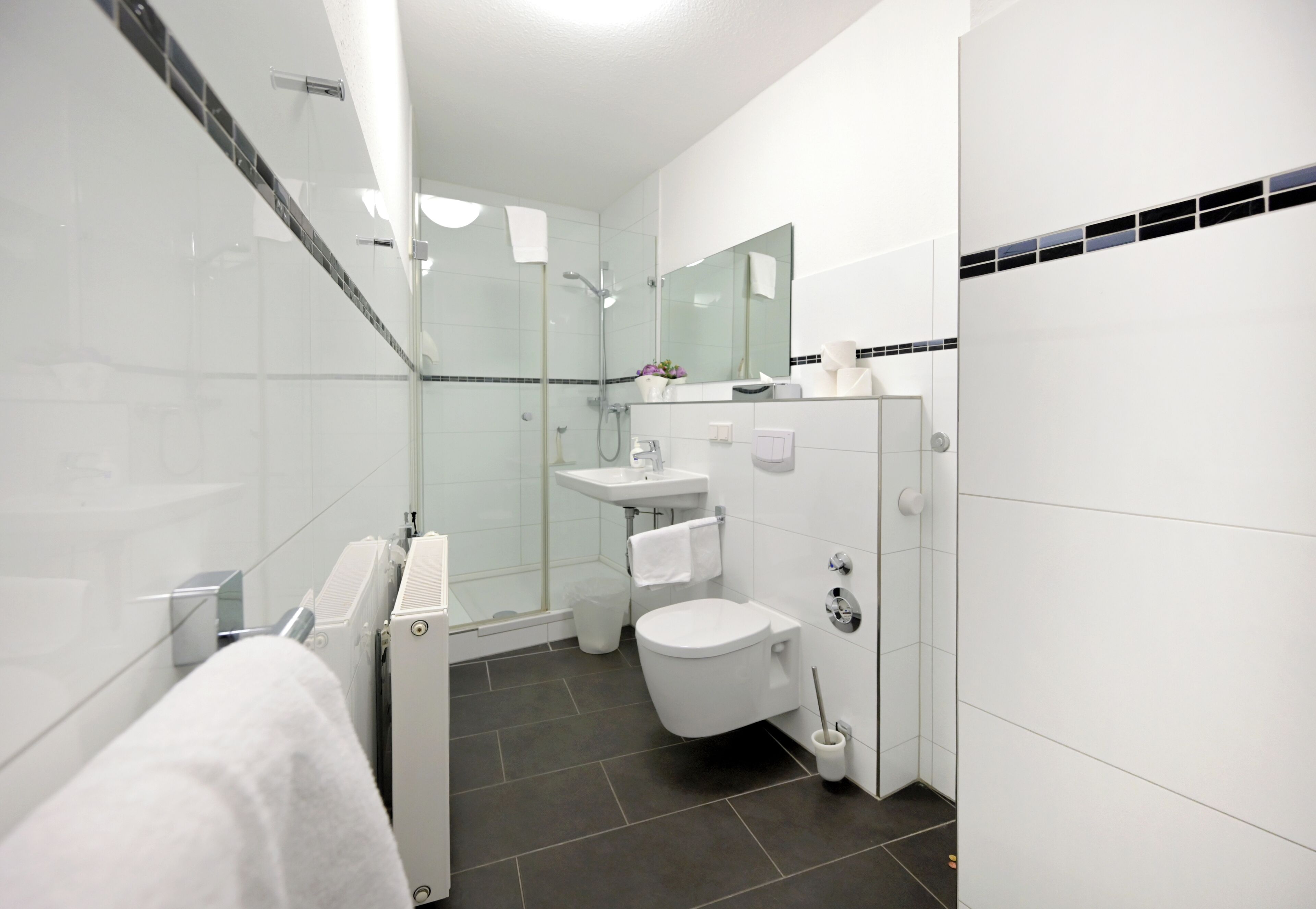 A modern bathroom with a glass shower enclosure, a white sink, and a toilet.