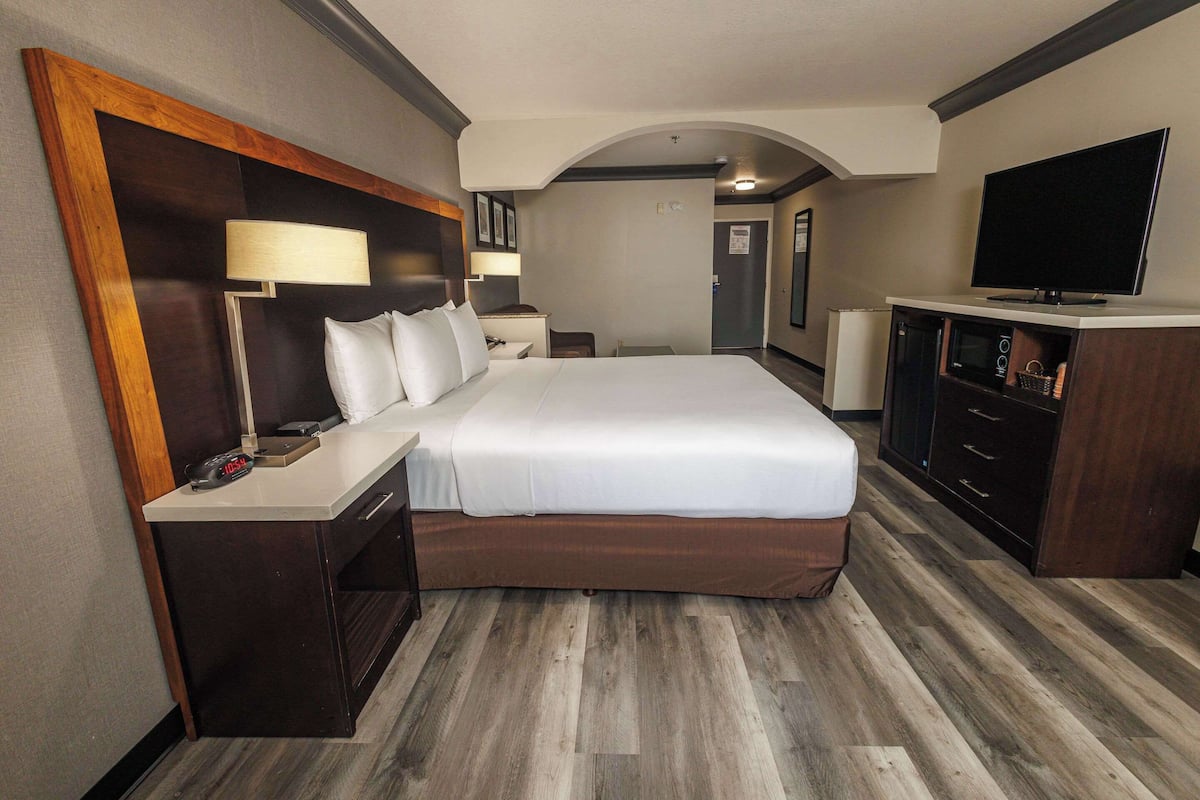 Une chambre d’hôtel avec un grand lit, un bureau avec une lampe, une télévision et un minibar.