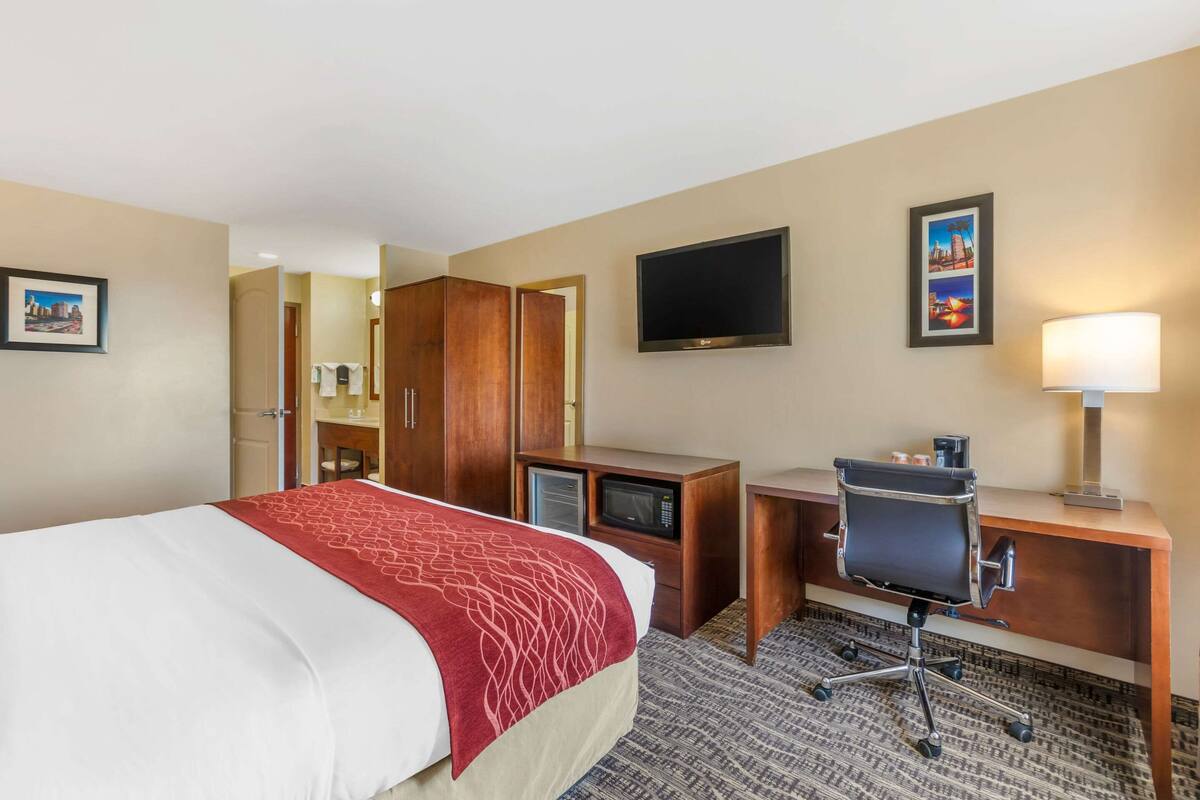 A hotel room with a bed, a desk with a chair, a television, and a microwave.