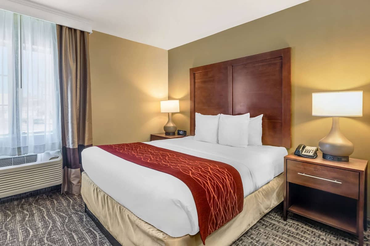 A hotel room with a large bed, two bedside tables with lamps, a heater, and a window with curtains.