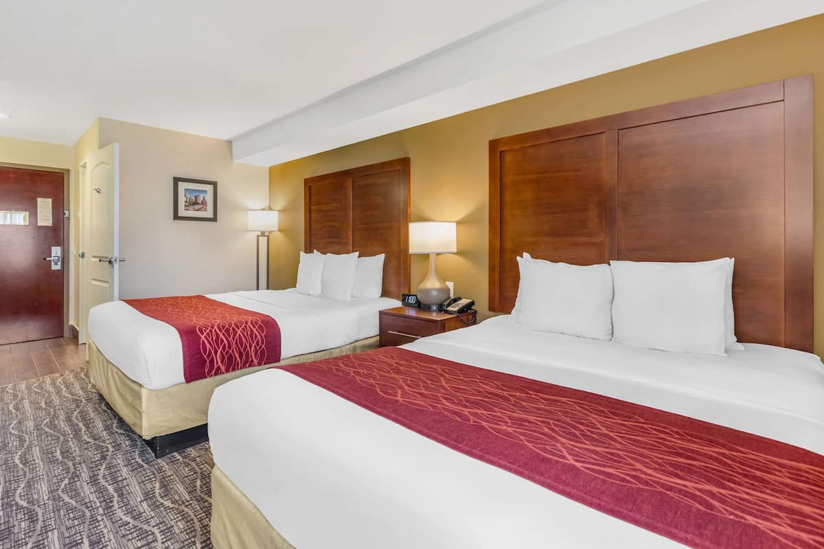 A hotel room with two beds, a wooden headboard, a nightstand with a lamp, and a patterned rug.