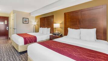 Desk, laptop workspace, blackout drapes, iron/ironing board