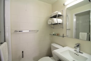 Shower, eco-friendly toiletries, hair dryer, towels