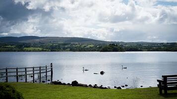 A lakeside view with a wooden dock and a bench.