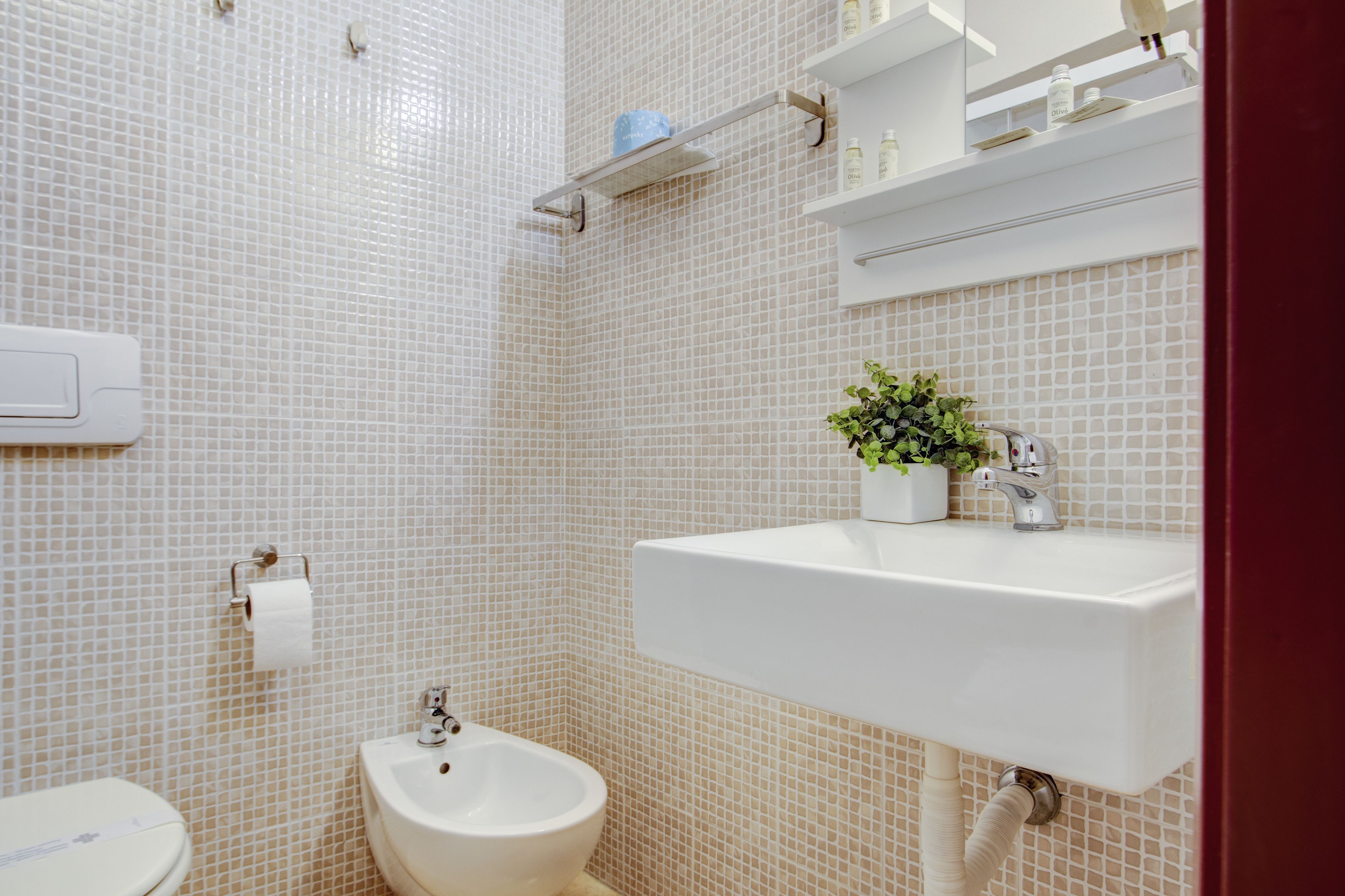 A bathroom with a toilet, bidet, sink, and shelves with toiletries.