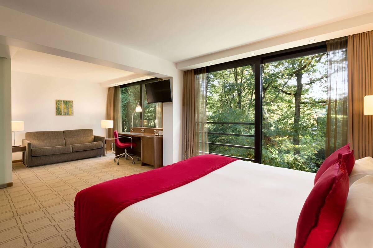 Une chambre d’hôtel avec un grand lit, un bureau, un canapé et une télévision.