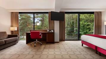 Habitación de hotel con cama, escritorio, silla, televisor y ventanas amplias que ofrecen vista a árboles.