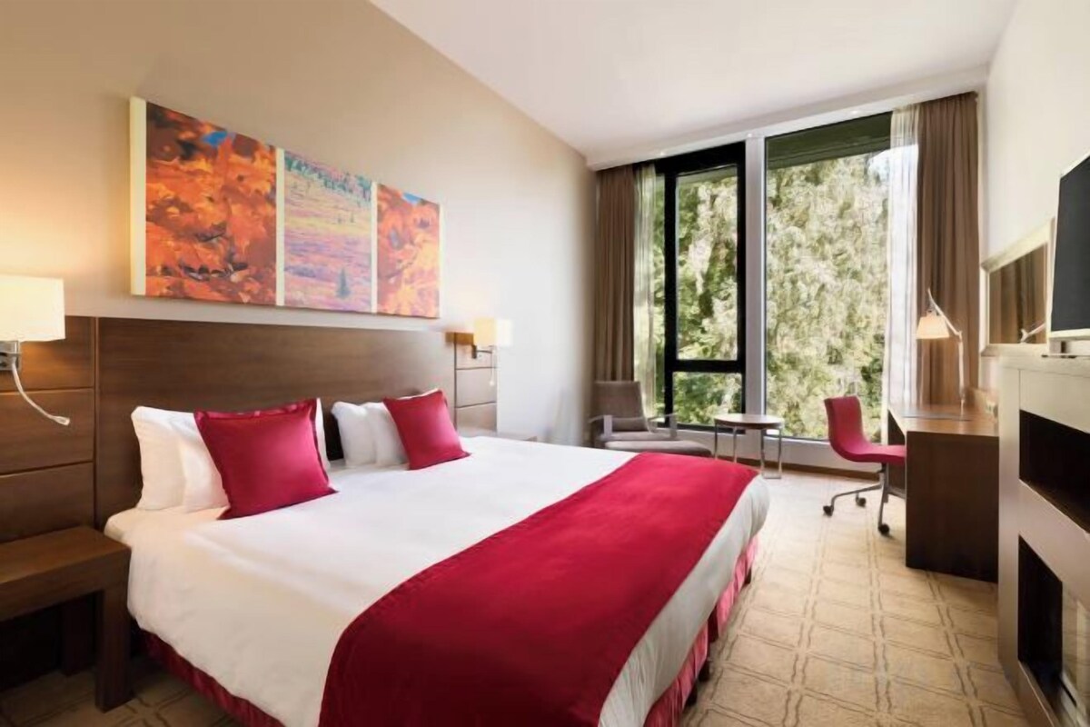 Una habitación de hotel con una cama grande, un escritorio, una silla, un televisor y una chimenea.