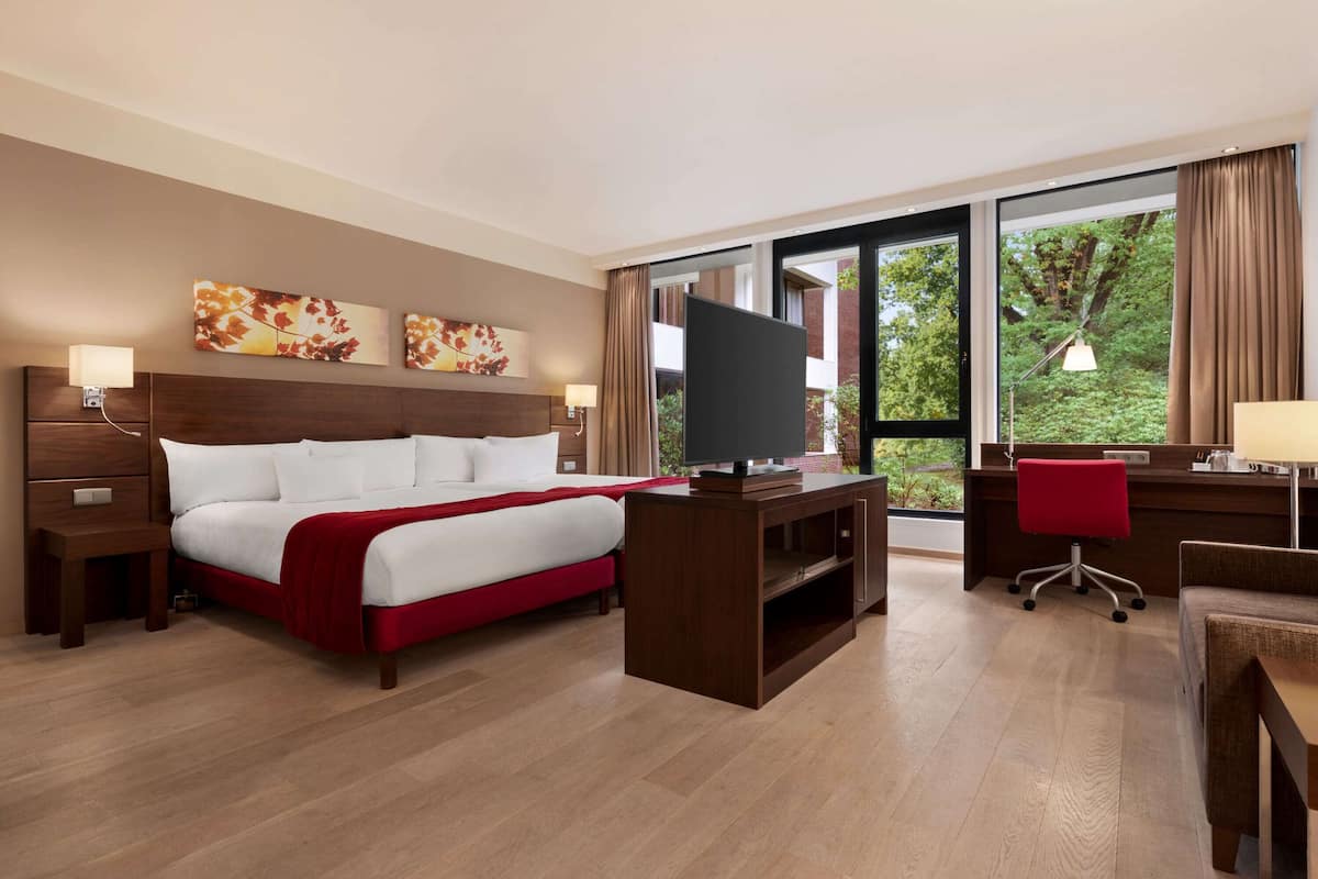 Une chambre d’hôtel avec un lit, un bureau, une télévision et de grandes fenêtres.