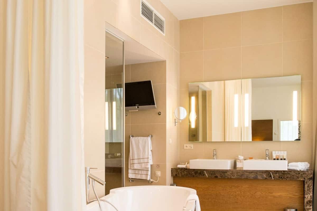 Une salle de bain moderne avec une baignoire sur pieds, un grand miroir et un meuble-lavabo doté de deux vasques.