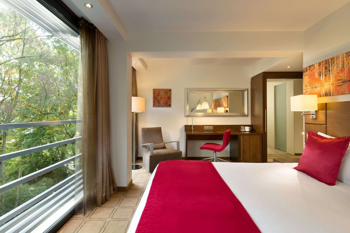 Une chambre d’hôtel avec un grand lit, un bureau, une chaise, un miroir et une fenêtre avec des rideaux.