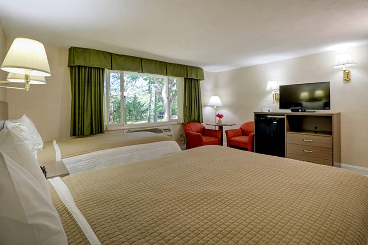 A hotel room with a large bed, a desk with a television, a chair, and a window with curtains.