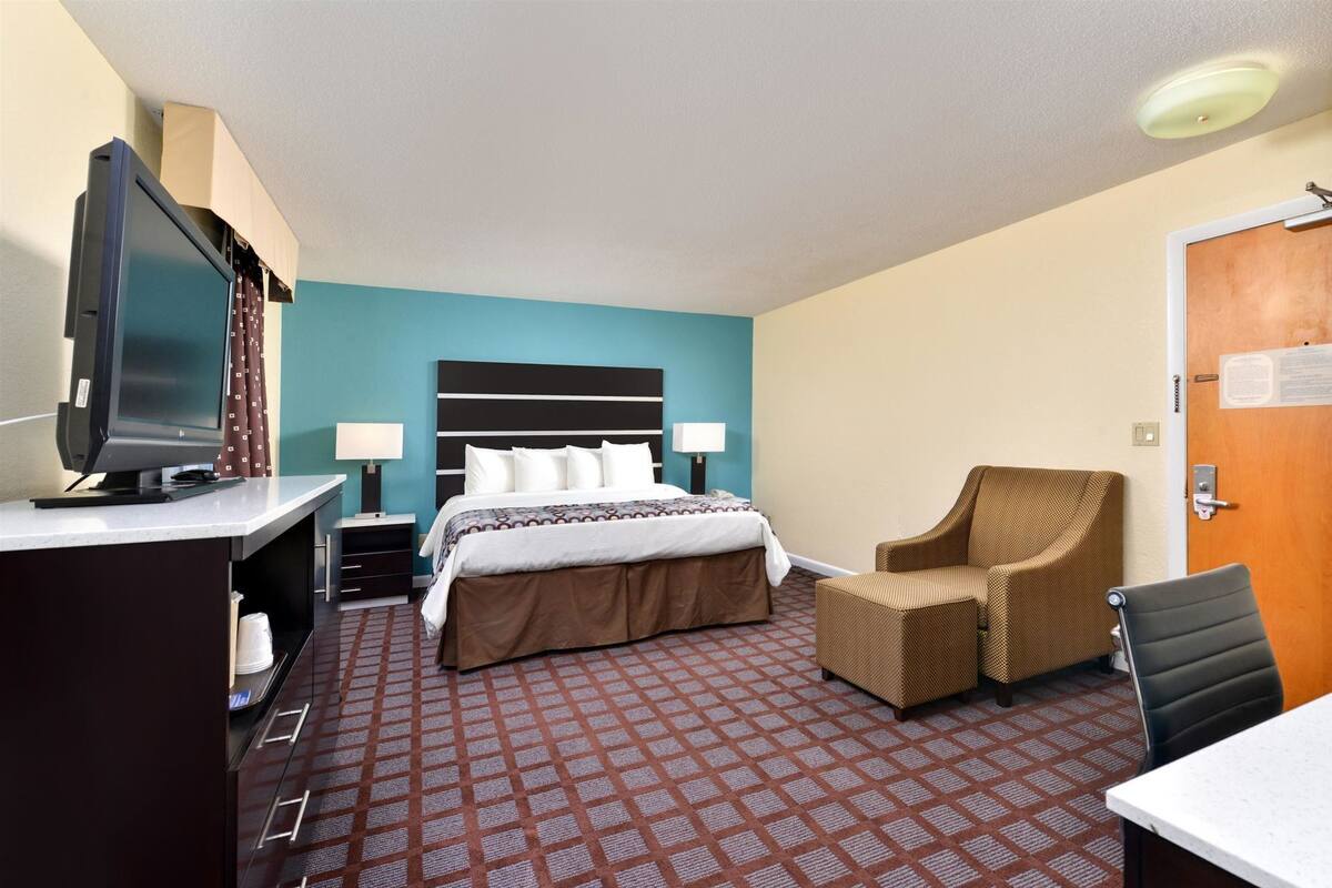 A hotel room with a bed, a television, a desk, a chair, and a door.