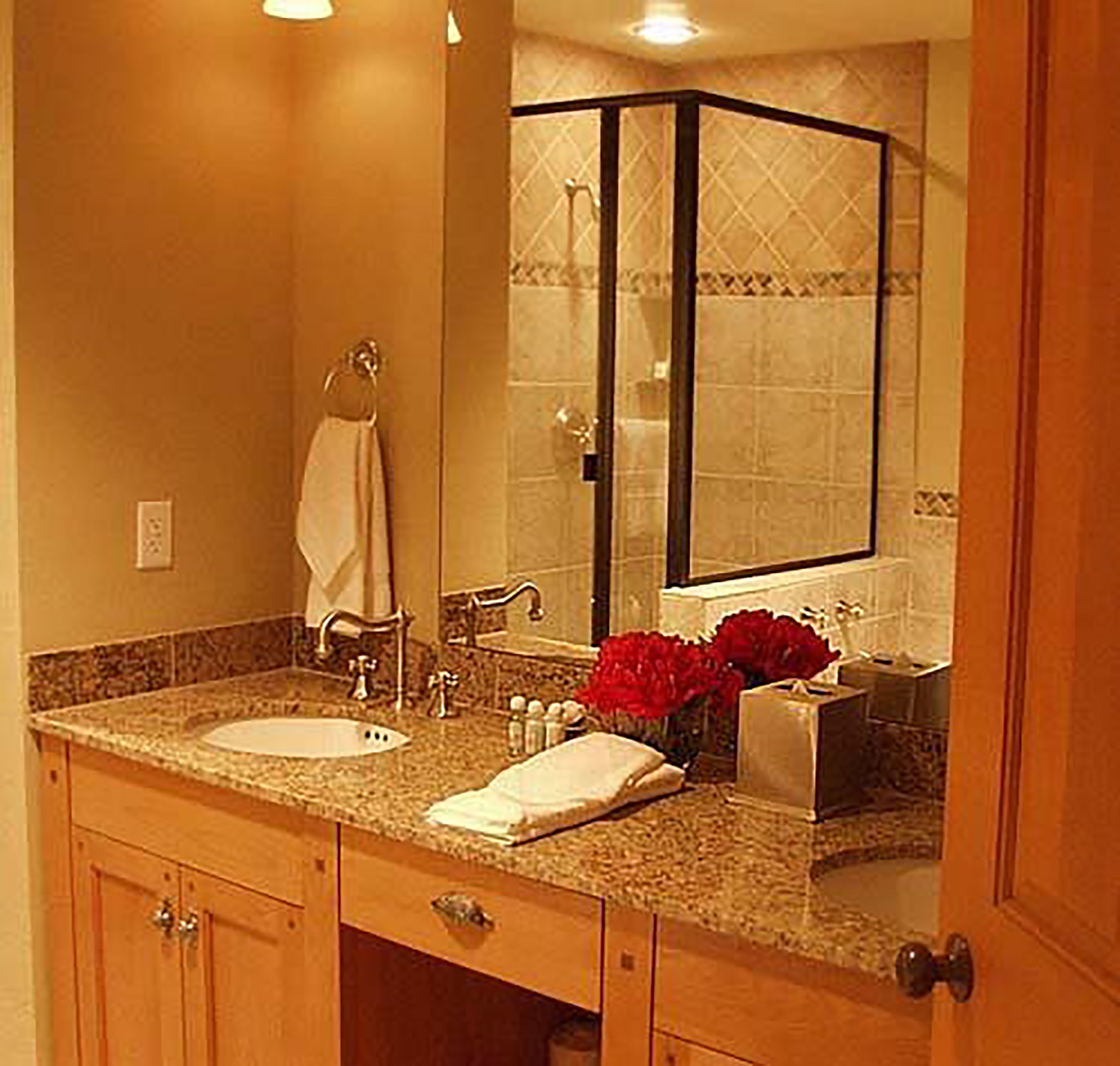 A bathroom with a sink, mirror, and shower.