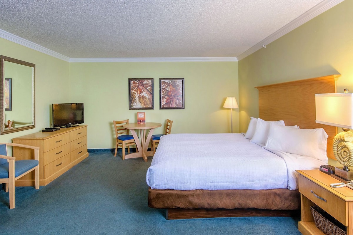 A hotel room with a bed, a desk, a chair, a television, and artwork on the walls.
