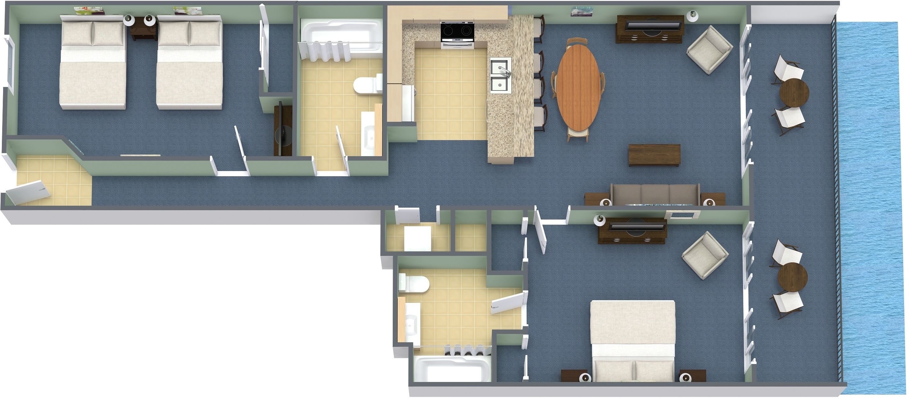 A 2-story hotel layout with a pool, multiple bedrooms, a dining area, and a kitchen.