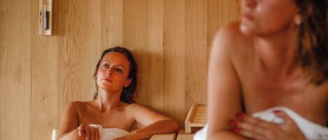 A wooden sauna room with two individuals seated on benches, towels wrapped around their bodies.